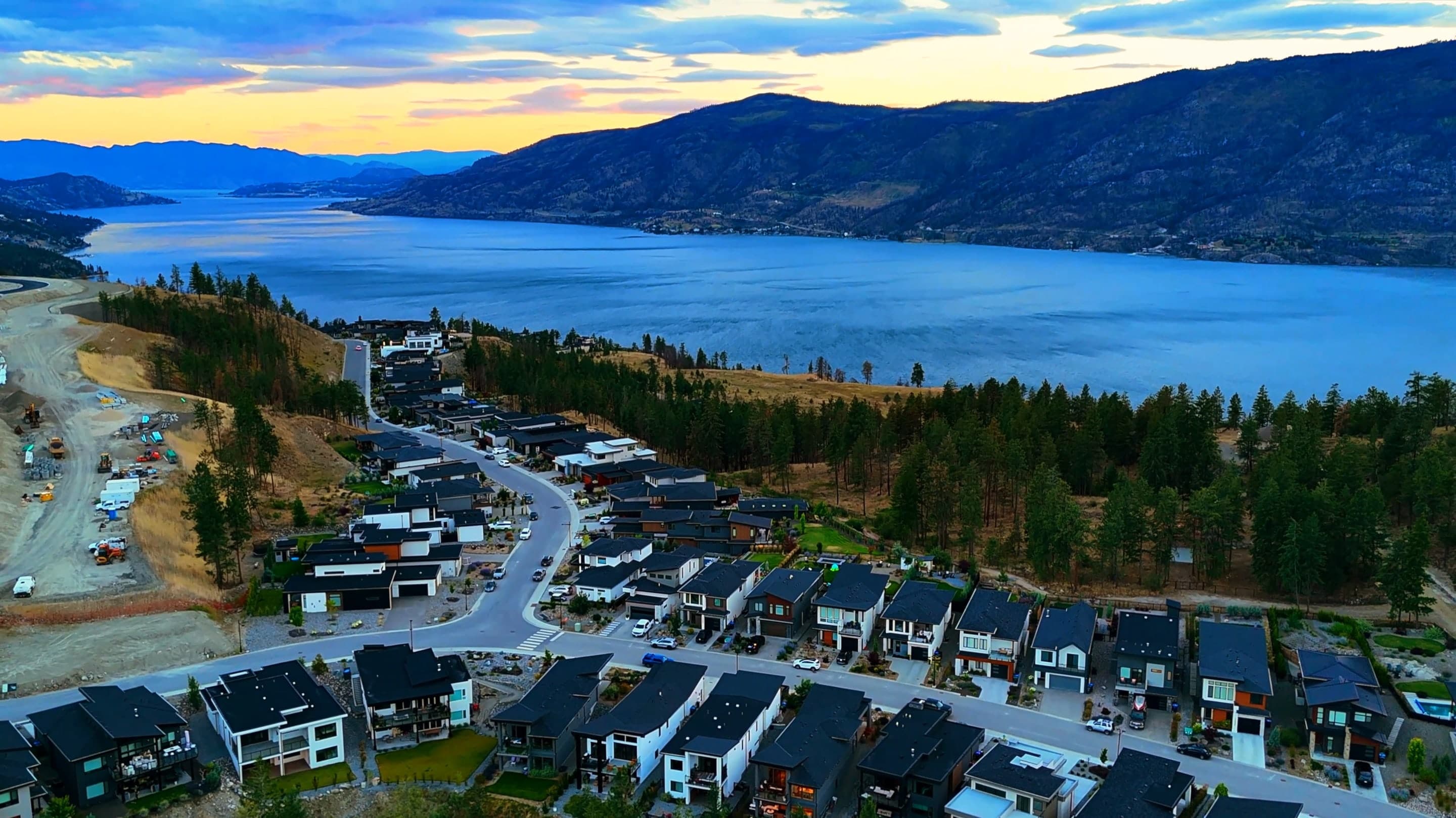 Okanagan Lake and the new homes on the hillside around 10293 Long Road, Lake Country, from the air